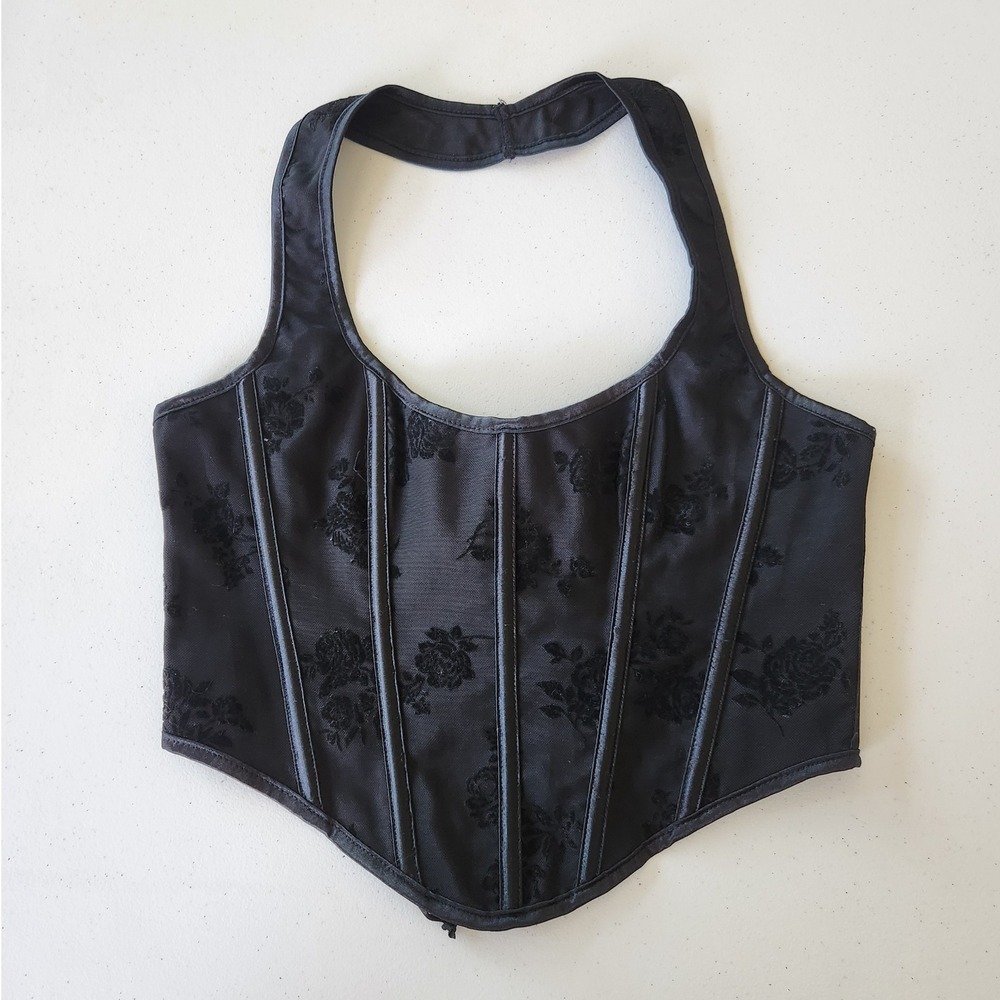 Jacquard Jacquard Cropped Corset Halter Top Small Black 90s Coquette Whimsigoth